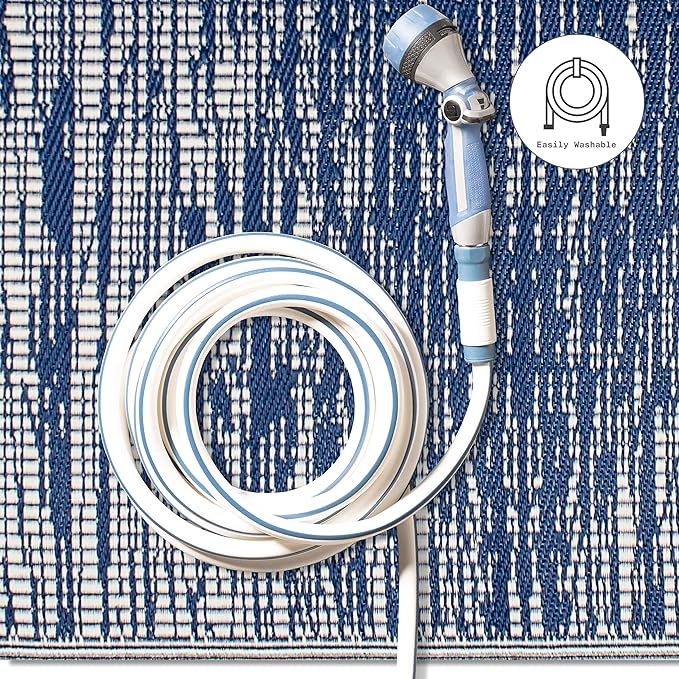 Fab Habitat Outdoor Rug - Waterproof, Fade Resistant, Crease-Free, Reversible - Premium Recycled Plastic - Distressed Abstract Stripes - Patio, Porch, Deck, Balcony - Brooklyn - Blue - 5 x 8 ft