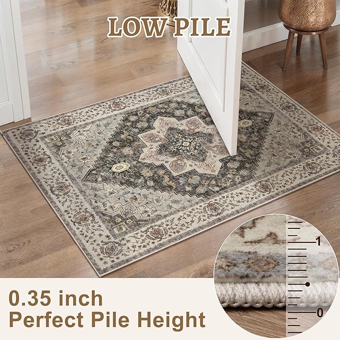 Tangsoo 2x6 Washable Runner Rug for Hallways, Non Slip Vintage Runner, Soft Low Pile Long Rug Runner, Print Distressed Grey Carpet Runners for Kitchen Bedroom Entryway Bathroom Living Room