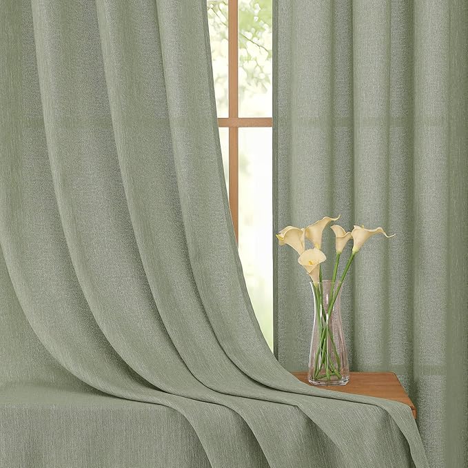 Simplebrand Sage Green Short Faux Linen Textured Cafe Kitchen Curtains 36 Inch Length 2 Panels, Over Sink Semi Sheer Farmhouse Light Filtering Panels Rod Pocket Drapes for Bathroom Window, 40W x 36L