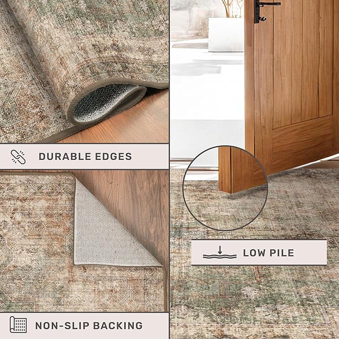 Low Pile Office Rugs for Rolling Chairs - 5x8 Modern Abstract Dark Rugs for Living Room, Large Entryway, Brown and Green with Burnt Orange Accent, Non Slip with Rubber Backed & Stain Resistant