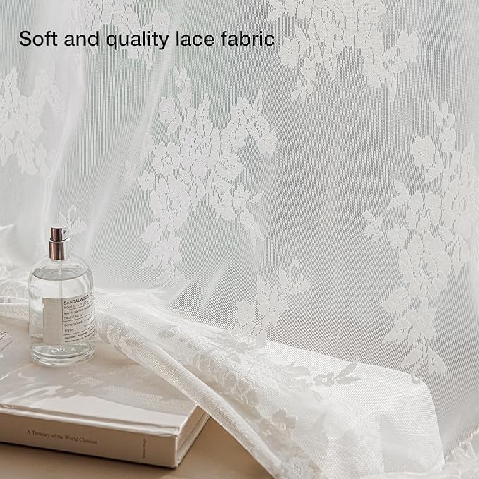 Anmao Vintage Lace Curtains 72 Inches Long 2 Panels, Romantic Elegant Light Filtering Semi Sheer Floral Thick Lacy Curtain Drapes for Living Room and Bedroom, Each Panel 55W x 72L, White Rose