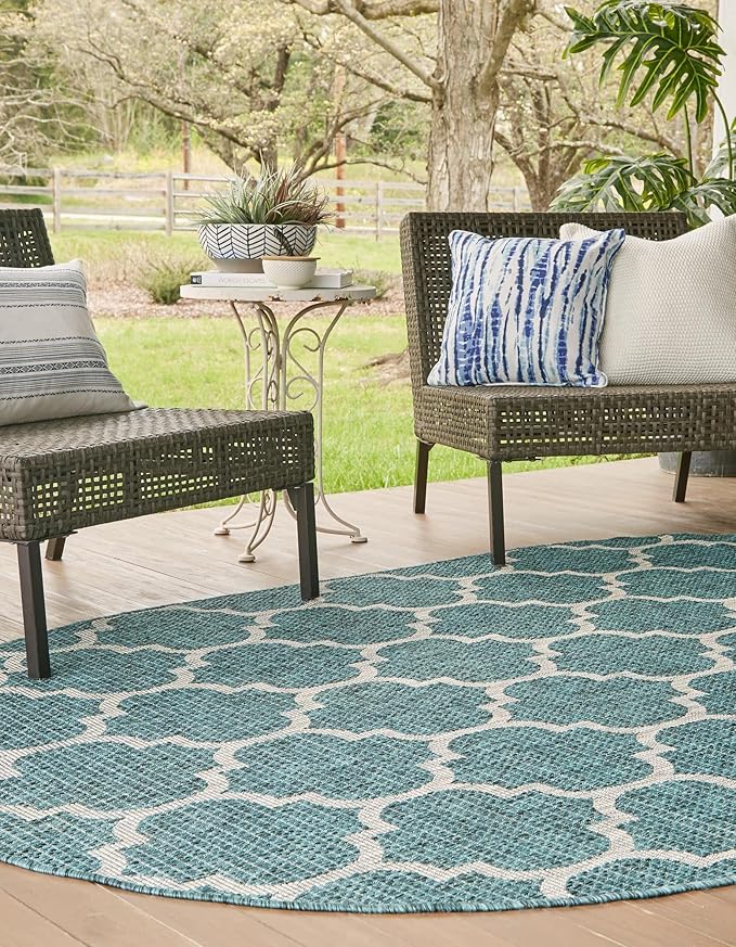 Unique Loom Outdoor Trellis Collection Area Rug (7' 10" x 10' Oval, Teal/ Gray)