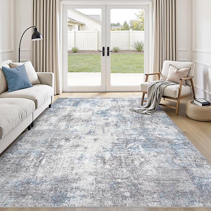 Washable 10X12 Area Rug: Modern Abstract Soft Non-Slip Indoor Rugs - Low Pile Stain Resistant Foldable Rug for Living Room Bedroom Dining Room Playroom Office(Blue Grey,10'x12')