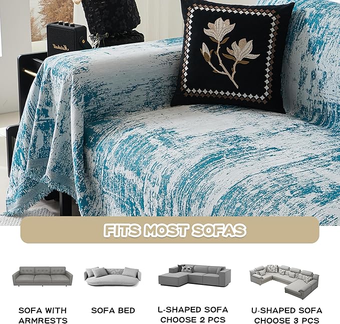 MEETSKY Couch Cover Boho Sofa Covers Couch Covers for 3 Cushion Couch Sofa Pet Friendly, Washable Abstract Geometric Sofa Slipcover for Sectional Sofa Cover with Tassel, 91" x 134", Blue