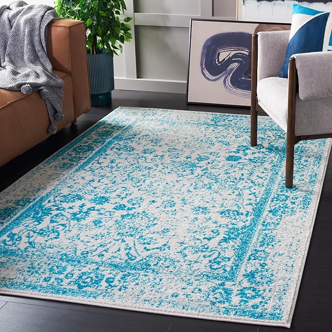 SAFAVIEH Adirondack Collection Area Rug - 5'1" x 7'6", Ivory & Teal, Distressed Vintage Floral Design, Non-Shedding & Easy to Clean, Ideal for Living Room, Bedroom, Dining Space (ADR109D)
