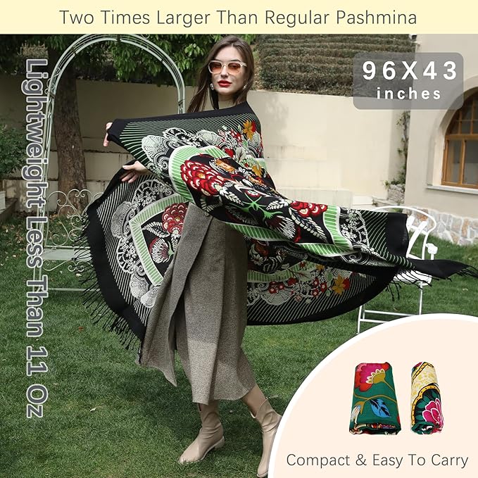 DANA XU 100% Merino Wool Extra Large Pashmina Blanket Travel Scarf Cashmere Wrap for Women Fall Winter Oversize Shawl Floral