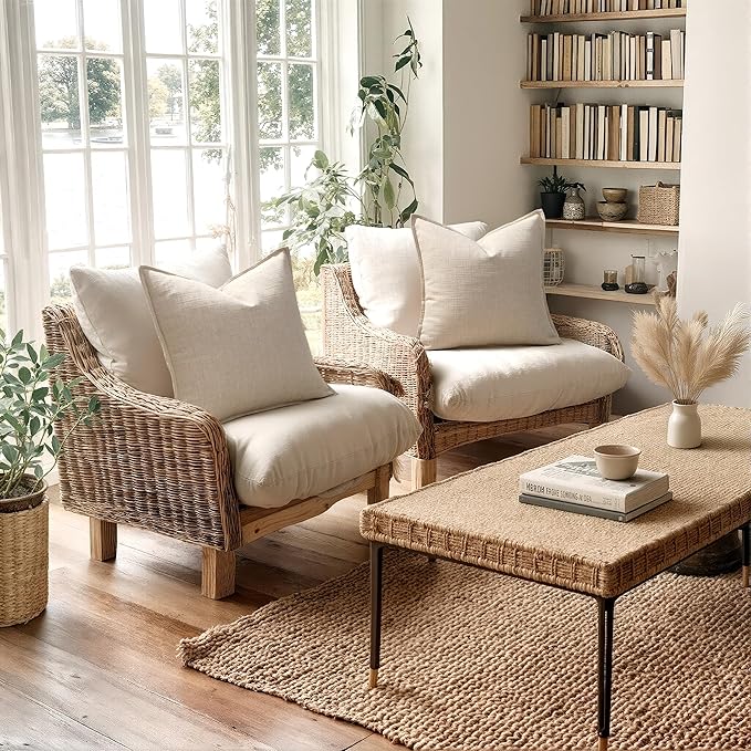 MIULEE Decorative Pillow Covers 22x22, 2 Pack Boho Farmhouse Neutral Throw Pillows for Couch, Thick Textured Modern Linen Cushion Cases Sofa Bed Living Room Home Decor, Natural Beige
