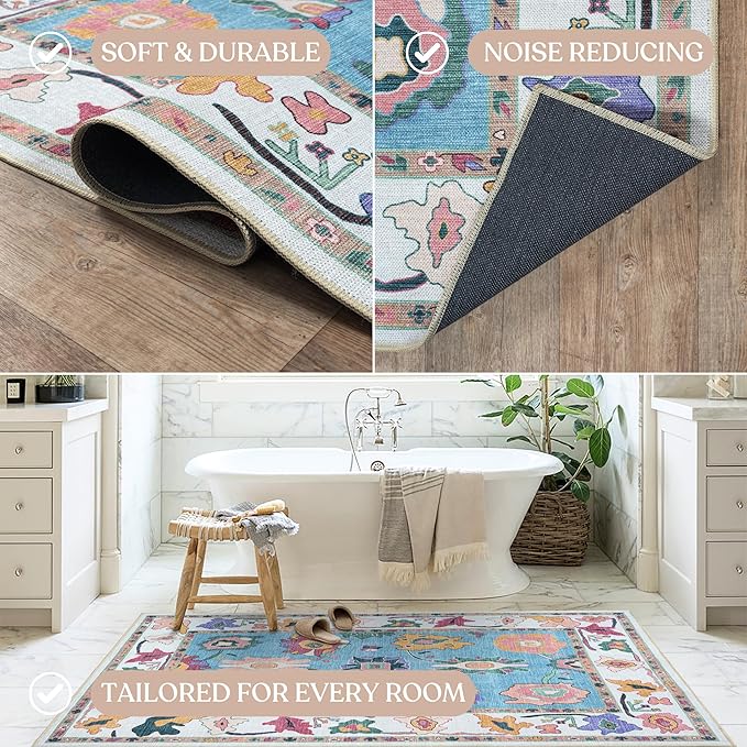 Fame Living Colorful Oushak Runner Rug, Modern Runners, Vintage, Turkish, Eclectic, Floral, Pastel, Washable, Long Runner Rugs for Hallway, Kitchen, Living Room, Bedroom, Kitchen, Bathroom, 2'5"x13'
