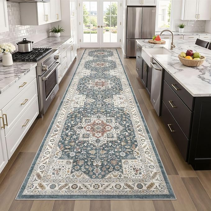 Vintage Hallway Runner Rug 3x14: Large Soft Washable Entryway for Kitchen Laundry Room Non-Slip Backing Runner for Entrance Living Room Bedroom Bathroom - Vintage Blue