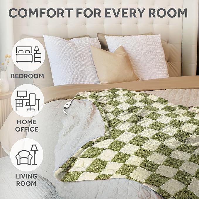 Sunbeam Printed Royal Sherpa Foot Pocket Heated Throw Electric Blanket, 50" x 60", 4 Heat Settings, 4-Hour Auto Shut-Off, Warming Cozy Throw for Couch or Bed, Machine Washable, Sage Checkerboard