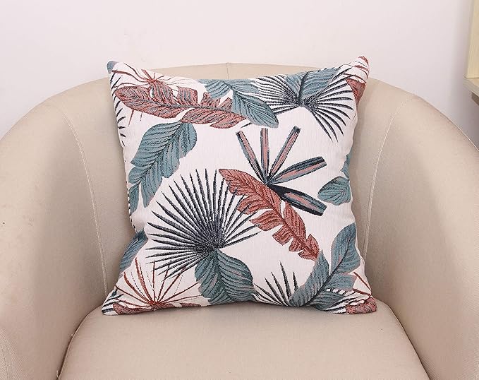 Yeiotsy Throw Pillow Cover, Tropical Leaf Decorative Cushion Case Thick Jacquard Chenille (Teal & Red, 18 x 18 Inches)