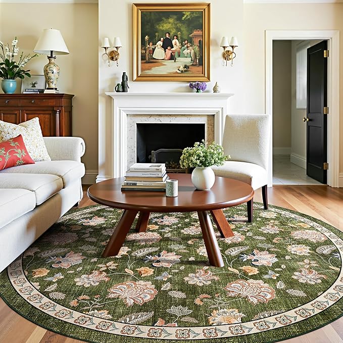 jinchan Elora 7ft Floral Round Rug for Washable Living Room Rug Vintage Romance Christmas Design Non Slip Indoor Floor Cover Lightweight Low-Profile Throw Carpet for Bedroom Porch Patio, Green
