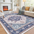 OPPODREAM Thin 10x14 Area Rugs, Washable Rugs 10x14 with Non Slip Backing, Low-Pile Faux Cashmere 10 x 14 Carpet, Navy Blue & Red & Cream