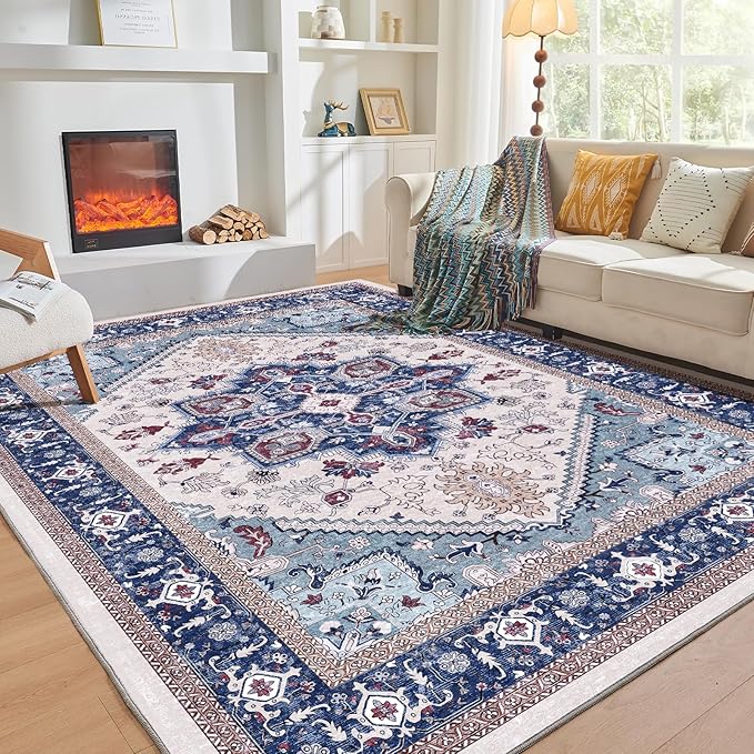 OPPODREAM Thin 6x9 Area Rugs, Washable Rug 6x9 with Non Slip Backing, Faux Cashmere Low-Pile 6 x 9 Carpet, Navy Blue & Red & Cream