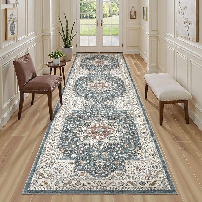 Vintage Hallway Runner Rug 3x8: Large Soft Washable Entryway for Kitchen Laundry Room Non-Slip Backing Runner for Entrance Living Room Bedroom Bathroom - Vintage Blue