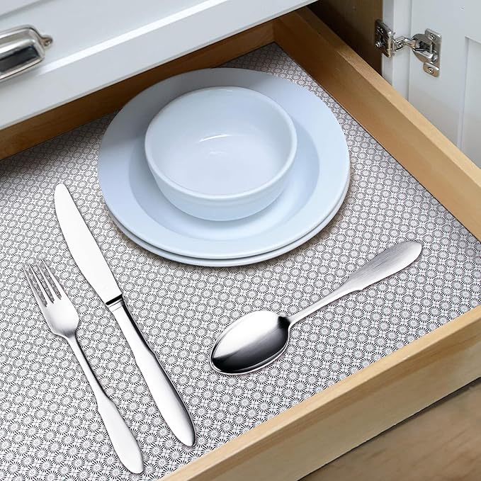RAY STAR 12X120 Inch Shelf Liner for Kitchen Cabinets, Non-Adhesive Cabinet Liner Washable, PVC Drawer Liner for Dresser Non-Slip Bathroom (Black Circle)(2 Roll)