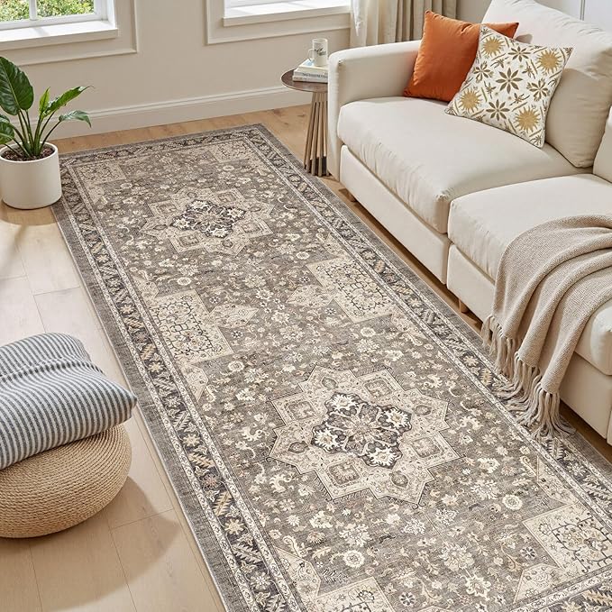 Vintage Hallway Runner Rug 3x10: Large Soft Washable Entryway for Kitchen Laundry Room Non-Slip Backing Runner for Entrance Living Room Bedroom Bathroom - Brown