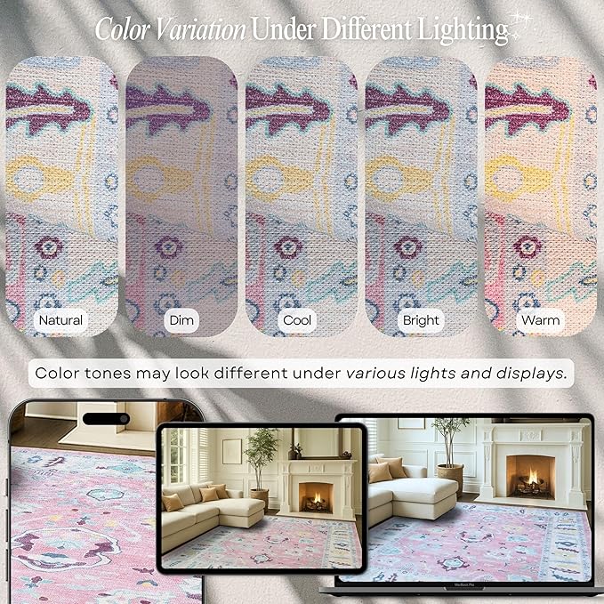 Fame Rugs Pink Modern Oushak Rug 6x9, Vintage Turkish Colorful Oriental Antique Inspired Washable Large Area Rugs, Luxury Living Room Bedroom (385PB, 6' x 9')