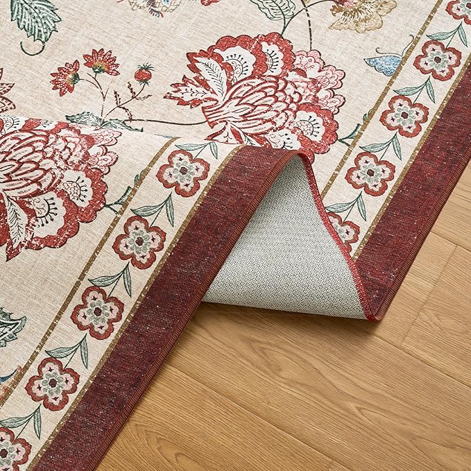 jinchan Elora Floral Corner Rug for Washable Nursery Rug Vintage Romance Christmas Design Non Slip Quarter Circle Lightweight Low-Pile Throw Carpet for Playroom Nook Office, 5ft Radius, Red/Beige