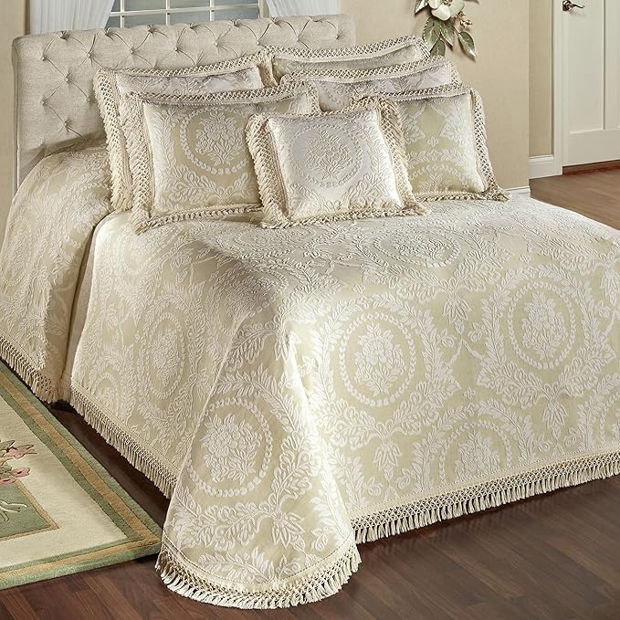 Timeless Vintage Style Bedding with Fringe Edges | Neutral Sage and Ecru | Textured Matelasse Rose Medallions and Leaves | 3-Pc Lightweight Bed Set: Oversized Full Bedspread & 2 Standard Pillow Shams