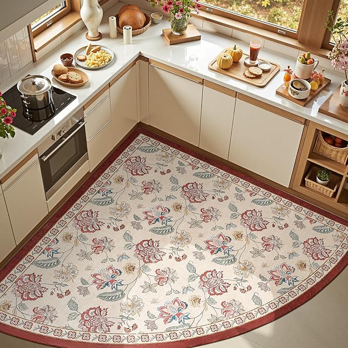 jinchan Elora Floral Corner Rug for Washable Nursery Rug Vintage Romance Christmas Design Non Slip Quarter Circle Lightweight Low-Pile Throw Carpet for Playroom Nook Office, 5ft Radius, Red/Beige