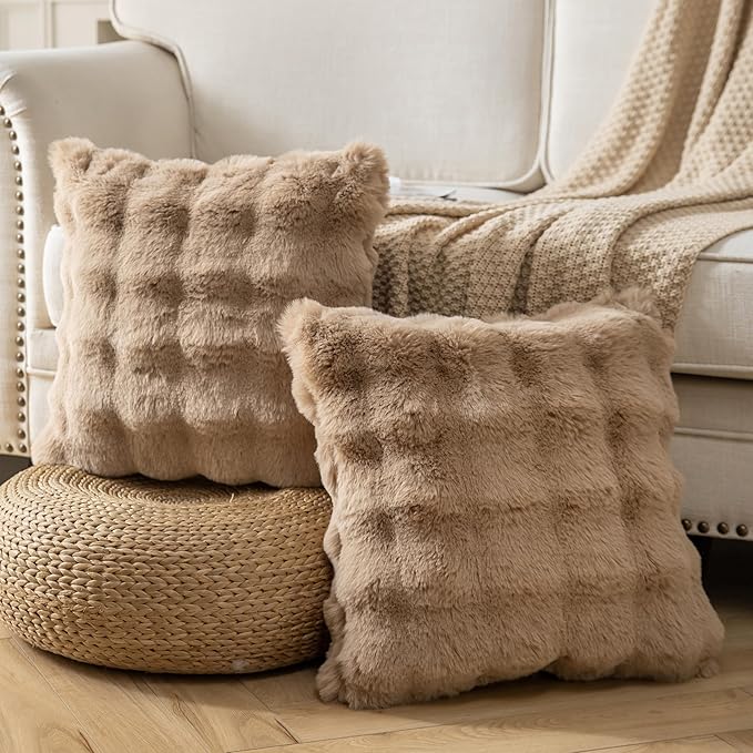 Pack of 2 Thick Plush Throw Pillow Covers Fluffy Wave Faux Fur Decorative Cushion Covers Soft Wool Pillowcase for Sofa Couch Livingroom 18x18 Inch Camel