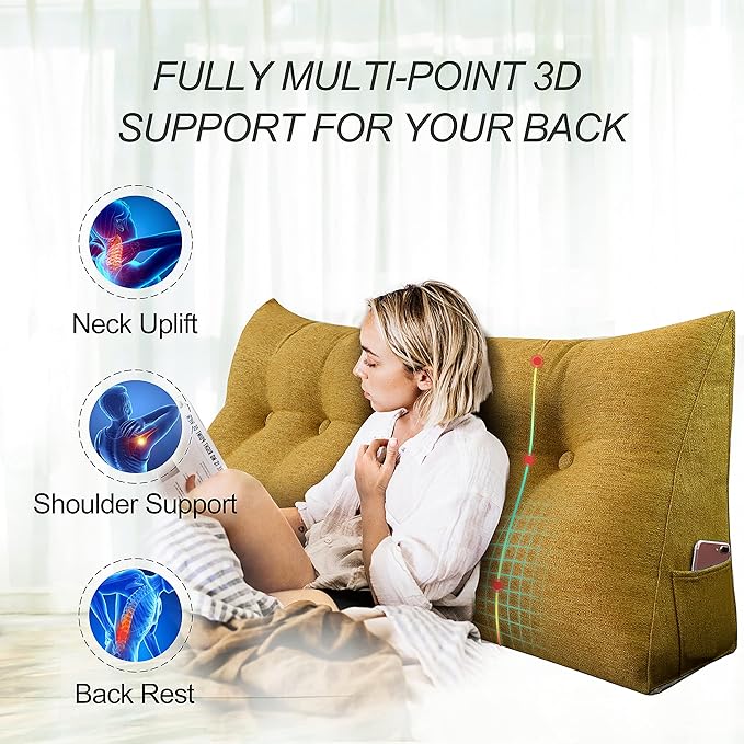 Wedge Headboard Pillow Dorm Room Reading Pillow Back Support for Sitting Up in Bed Bolster Lumbar Cushion Body Positioning Bedrest Gift for Mom Cotton Linen 59in Yellow Queen