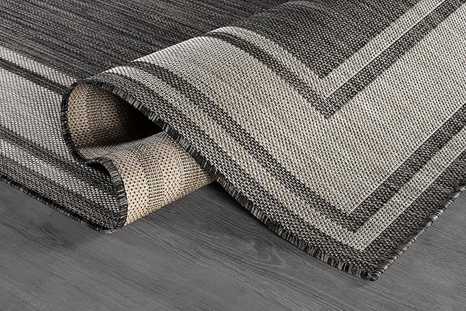 Beverly Rug Large Outdoor Rug 10x14 Modern Bordered Area Rugs for Indoor and Outdoor Patio Deck Porch Garden Waterproof Weather Sun Resistant Washable Outside Carpet (10 x 14 Dark Gray)