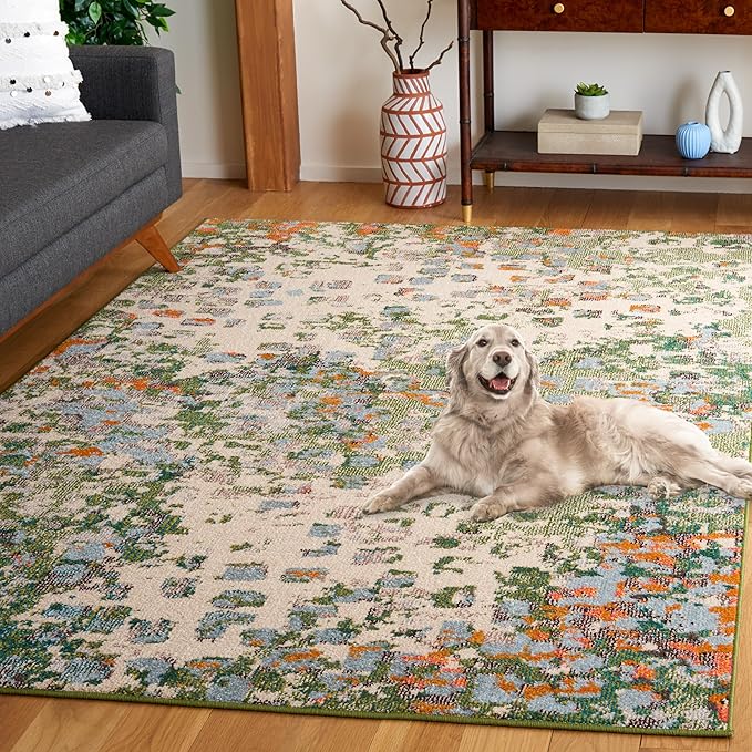 SAFAVIEH Monaco Collection Area Rug - 6'7" Square, Sage & Rust, Abstract Watercolor Design, Non-Shedding & Easy Care, Ideal for High Traffic Areas in Living Room, Bedroom, Dining (MNC225W-7SQ)