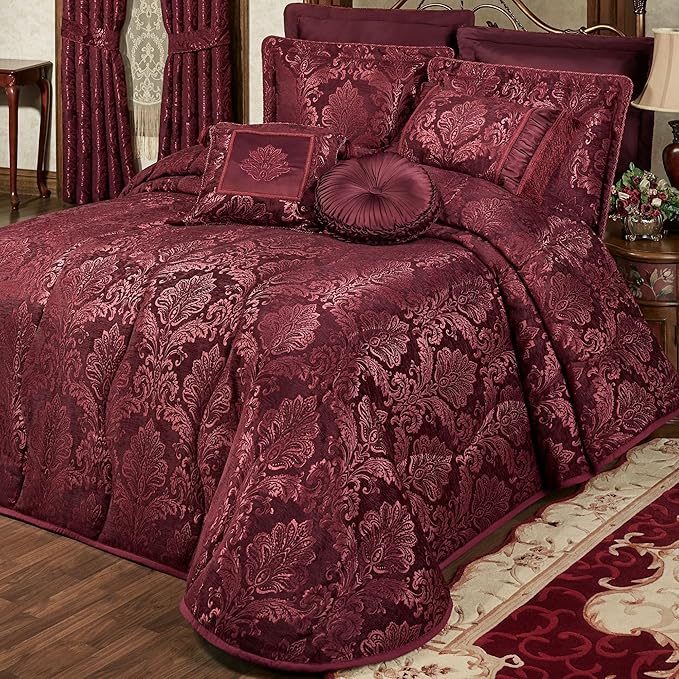 Touch of Class Camelot Luxury Bedding | Robust Burgundy | Matte Satin Damask on Richly Textured Jacquard-Woven Chenille | Designed 3 Piece Set Includes King Quilted Bedspread and 2 King Shams