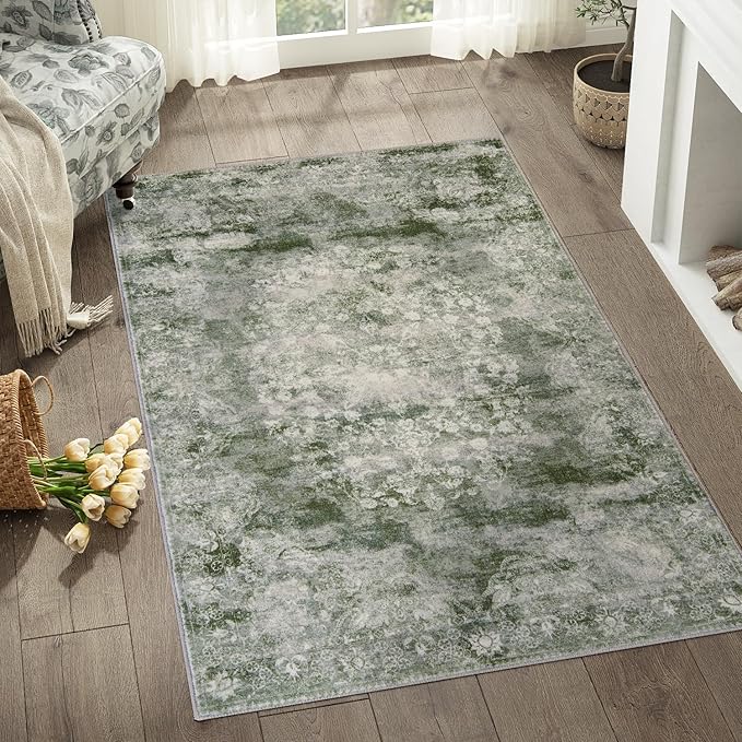 jinchan Green Floral 3x5 Area Rugs for Entryway - Machine Washable Vintage Distressed Design Low-Pile Soft Non-Shedding Christmas Carpet for Kitchen Bedside Laundry Living Room (3x5ft, Forest Green)