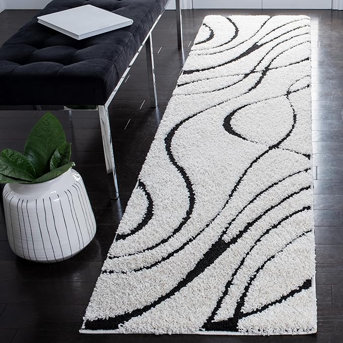 SAFAVIEH Florida Shag Collection Runner Rug - 2'3" x 13', Ivory & Black, Non-Shedding & Easy Care, 1.2-inch Thick Ideal for High Traffic Areas in Living Room, Bedroom (SG471-1290)