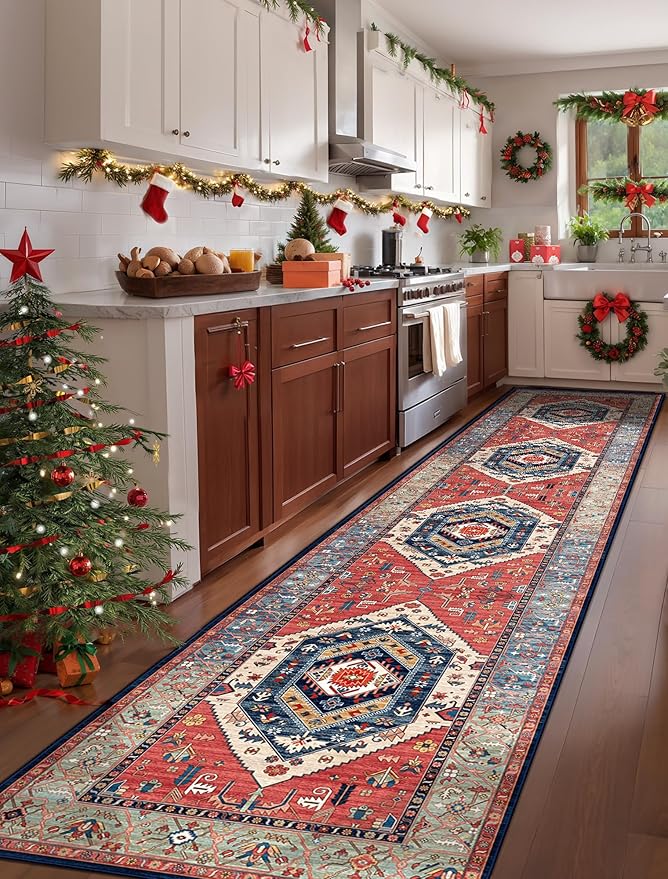 SERISSA Runner Rug for Hallways, 3x12 Washable Non Slip Kitchen Runner Rug, Extra Long Boho Rug Ultra Soft Vintage Rust Print Floor Carpet for Bedroom Hallway Entryway Bathroom Laundry Room