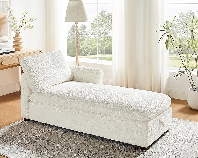 VANOMi Oversized 70.47'' Chaise Lounge Chair Indoor with Storage Space, Modern Upholstered Sofa Bed with Thick Cushion and Left Armrest, Boucle Leisure Recliner for Living Room, Bedroom, Office, White