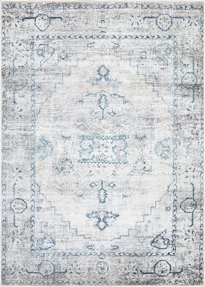 Bloom Rugs Washable Non-Slip 8' x 10' Rug - Teal/Beige Traditional Area Rug for Living Room, Bedroom, Dining Room, and Kitchen - Exact Size: 8' x 10'