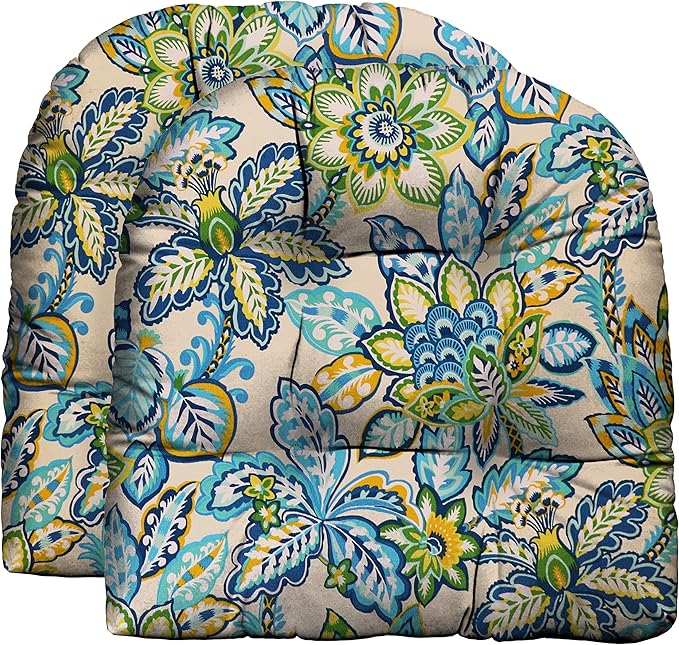 RSH DECOR: Tufted U-Shape Wicker Seat Cushions Set of 2 | 19” x 19” | All-Weather Spun Fabric | Water-Resistant | Outdoor Chair Cushions for Patio Furniture | Copeland Caribe Blue Floral