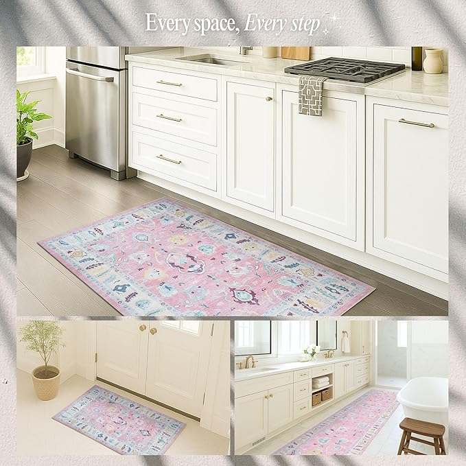 Fame Rugs Pink Modern Oushak Rug 2'6"x13, Vintage Turkish Colorful Oriental Antique Inspired Long Runner Rugs, Luxury Living Room Bedroom (385PB, 2'6" x 13')