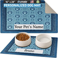 Drymate Personalized Pet Bowl Placemat, Custom Dog & Cat Food Feeding Mat - Absorbent Fabric, Waterproof Backing - Machine Washable/Durable (USA Made) (16" x 28") (Blue Paw Braid)