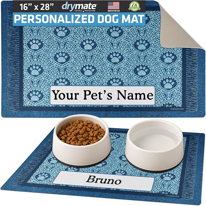 Drymate Personalized Pet Bowl Placemat, Custom Dog & Cat Food Feeding Mat - Absorbent Fabric, Waterproof Backing - Machine Washable/Durable (USA Made) (16" x 28") (Blue Paw Braid)