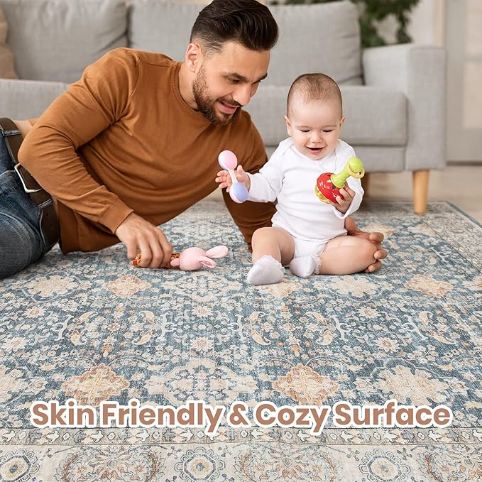 Vintage Living Room Area Rug 5x7 - Large Soft Washable Oriental Traditional Distressed Farmhouse Rugs for Bedroom - Indoor Floor Accent Carpet for Home Office House Decor - Dark Blue