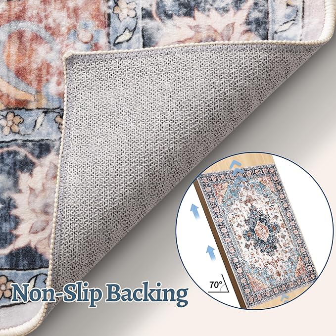 Tangsoo 2x6 Washable Runner Rug for Hallways, Non Slip Vintage Rugs, Soft Low Pile, Print Distressed Blue/Orange Carpet Runners for Kitchen Bedroom Entryway Bathroom Living Room