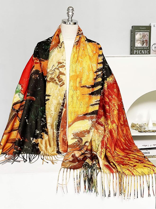 VENVSBEE Reversible Scarf Soft Large Shawl Wrap Blanket Double Sided Art Print Warm Pashmina Stoles Klimt Van Gogh Gifts