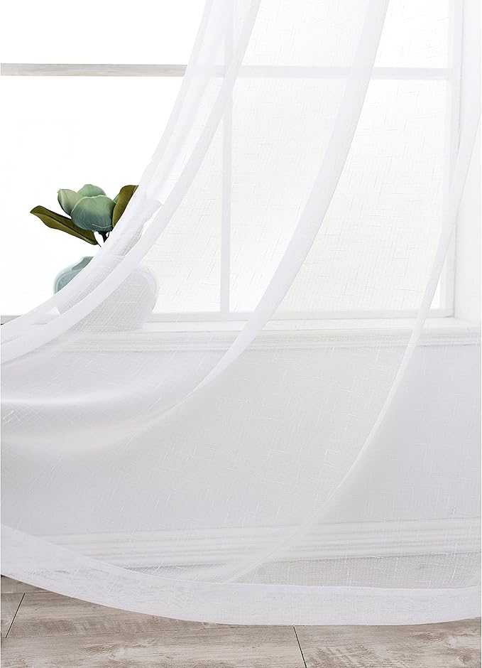 Sheer Curtains Faux Linen Semi Voile Light Filtering Drapes Pair for Bedroom Living Room, Set of 2 Grommet Top Window Curtain Panels (Each 54 x 63 Inch, White)