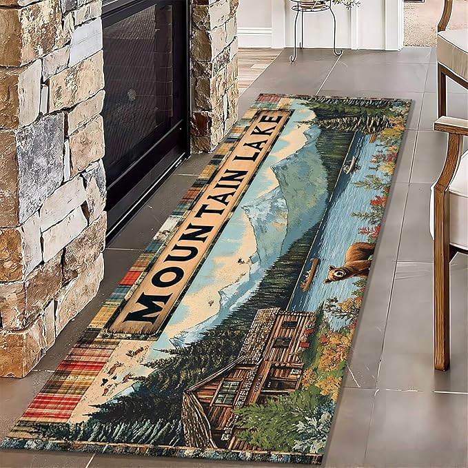 Colorful Oil Painting Bear Rug 4x12ft with Mountain Cabin - Bohemian Non-Slip Rug for Living Room, Washable Foldable Carpet, Forest River Landscape Decor