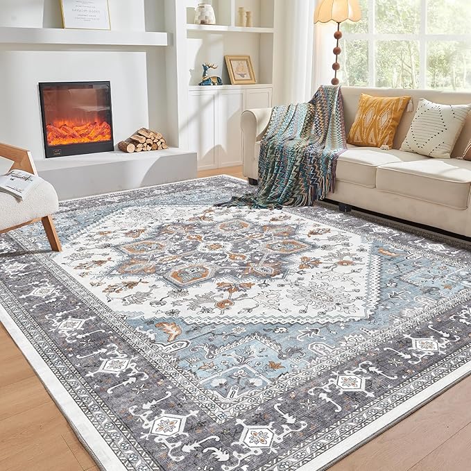 OPPODREAM Thin Area Rugs 5x7, 5x7 Washable Rug with Non Slip Backing, 5 x 7 Faux Cashmere Low-Pile Carpet, Grey & Teal & Yellow