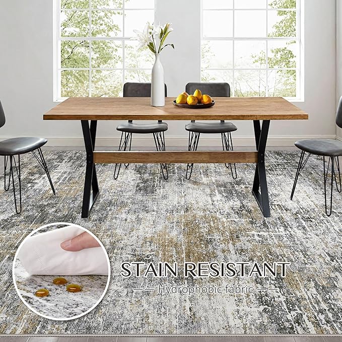 Abstract Living Room Rug 10x14 - Modern Washable Soft Thin Area Rug for Living Room Bedroom Under Dining Table - Neutral Indoor Floor Rug Carpets for Home Office Playroom Nursery - Black Gold
