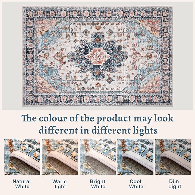 Tangsoo 5x7 Area Rug Washable Rug for Living Room, Vintage Rug Indoor Non Slip Large Area, Print Distressed Blue Carpet, Soft Low Pile Foldable Floor for Bedroom Dining Room Dorm