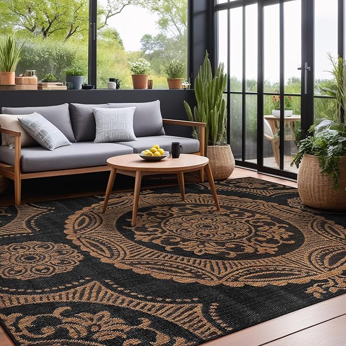 Medallion Outdoor Rug 10x14 Washable Outside Carpet for Indoor Patio Porch Waterproof Easy Cleaning Non Shedding Area Rugs Nut Brown 10 x 14