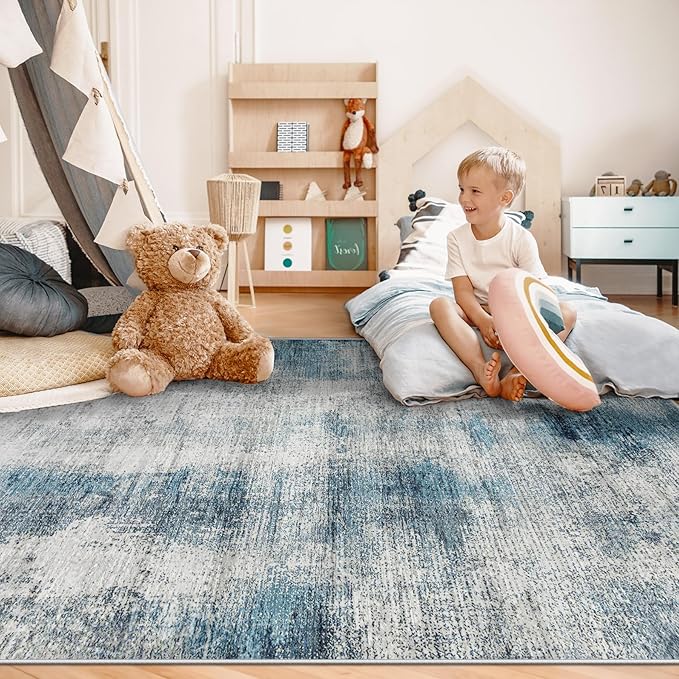 5x7 Area Rugs for Living Room: Washable Rug Modern Abstract Neutral Soft Rugs Non-Slip Low-Pile Indoor Floor Carpet for Bedroom Dining Room Nursery (Blue, 5'x7')