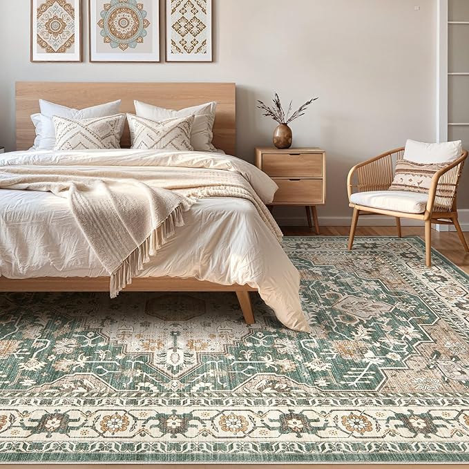 Green Rug Living Room Rugs: 10x14 Washable Boho Large Vintage Soft Stain Resistant Farmhouse Oriental Non Slip Indoor Floor Carpet for Bedroom Nursery Kids Playroom Office Dining Room Home Decor